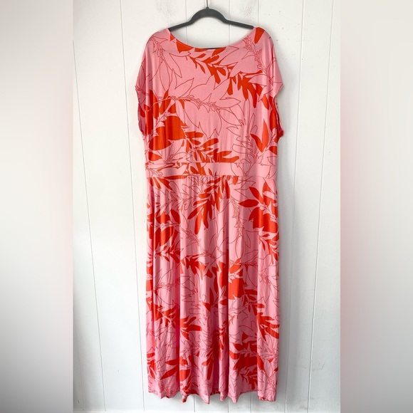 Land's End Dress Sz 2X Maxi Cap Sleeve Tropical Floral Leaf Print Pink Vacation - Picture 2 of 11